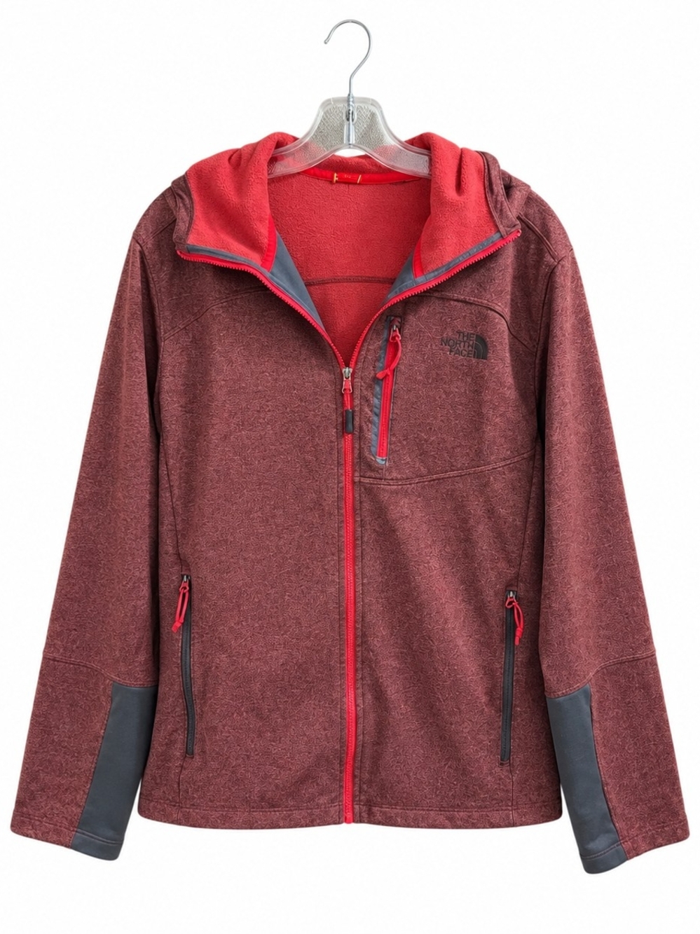 The North Face Women’s Burgundy Heather Full Zip Hooded Fleece Jacket Gray Trim